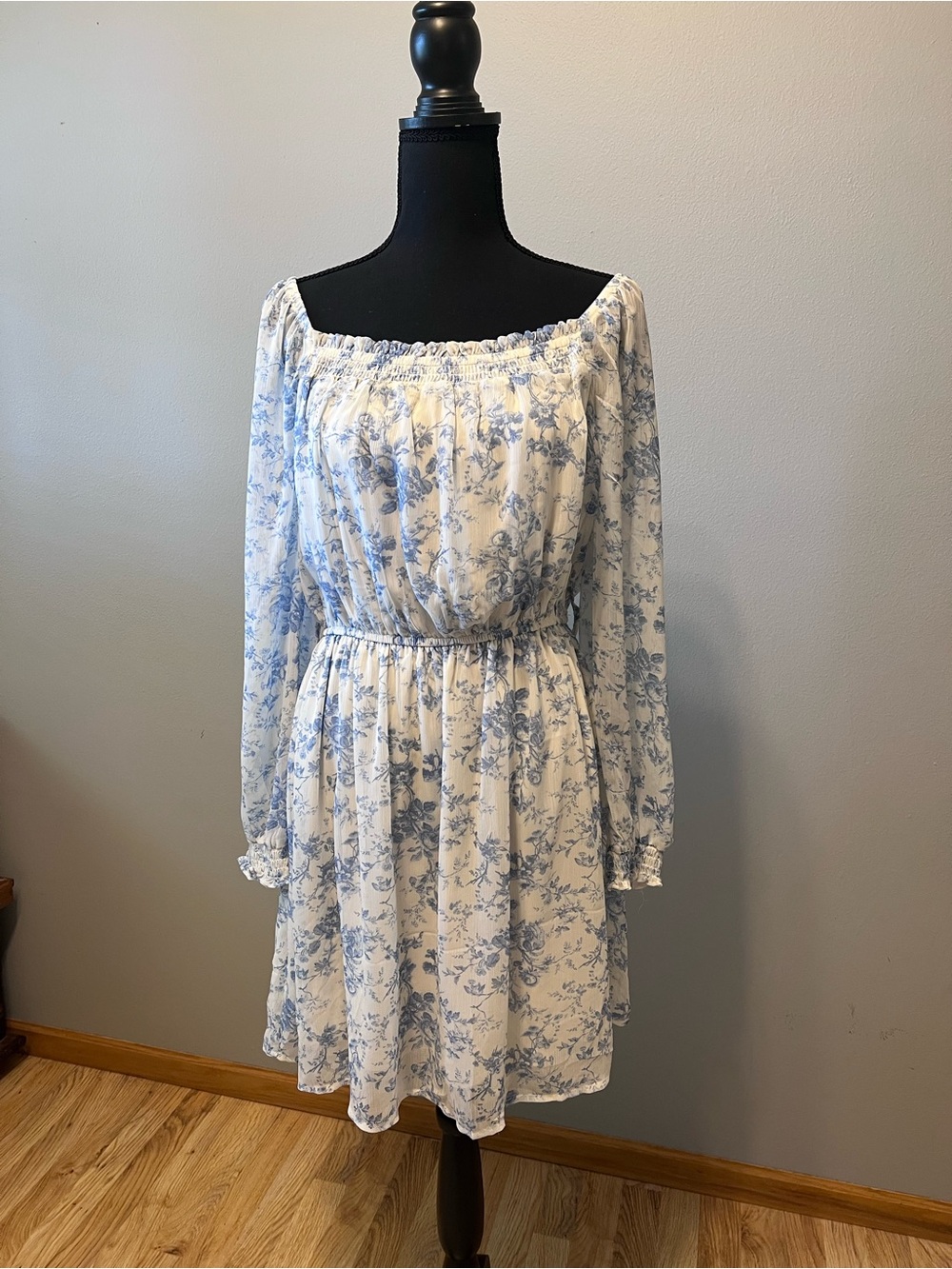 Wallflower White Dress with Light Blue Floral Print - Long Sleeve